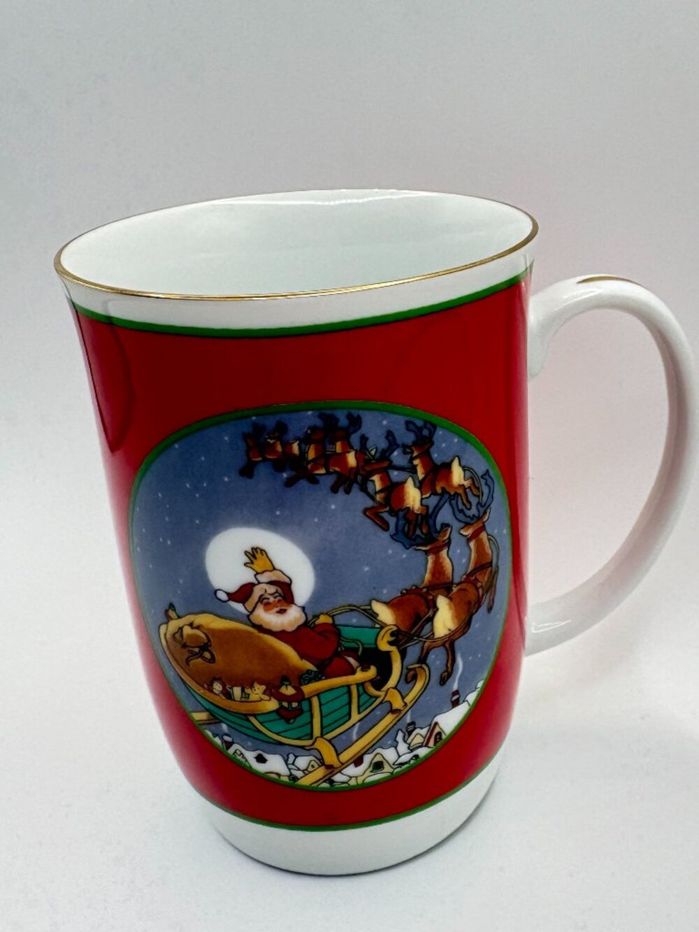 Vintage Otagiri Gibson Greetings Santa Sleigh Christmas Mug Japan Gold Trim